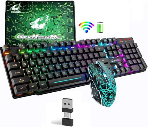 Kabellose Tastatur mit Regenbogen-Hintergrundbeleuchtung, 2,4 G, wiederaufladbar, mechanische Haptik, 104 Tasten, Gaming-Tastatur + 2400 DPI, 6 Tasten, optische Regenbogen-LED-Gaming-Maus + Mauspads
