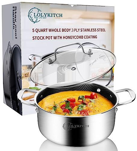 LOLYKITCH Dreifach Edelstahl Suppentopf mit Wabenbeschichtung mit Glasdeckel, Doppelgriff, kompatibel mit Induktions-, Gas-, Keramik-, Elektroherden (5 QT)