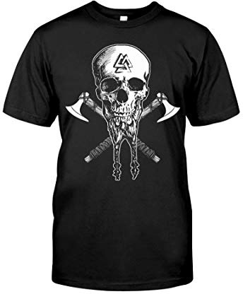 BBYOUTH Wikinger T-Shirt Herren Odin Myth Rune Schwarz Baumwolle Sommer Casual Kurzarm Viking Fanartikel,Skull Axe,6XL