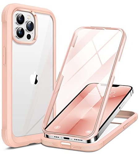 Miracase Compatible with iPhone 13 Pro Case 6.1inch, [Glass Screen Protector] Full Body Rubber Bumper Case Cover (Sand Pink)