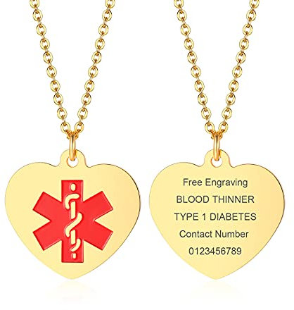 VNOX Herz-Halsketten-Anhänger mit medizinischem Alarm Personalisierte ID Medical Allergie SOS Awareness Schmuck Anpassen Gravierter Name Datum ID Herz Halskette 50cm Kette,Gold Plated