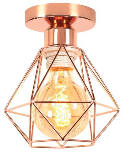 TOKIUS Retro Deckenlampe 16CM Vintage Deckenleuchte im Industrial Design Geometrisch Lampenschirm E27 Lampe aus Eisen Käfig Pendelleuchte Roségold (1 Stück)