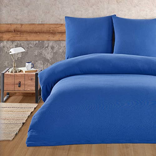 Musselin Bettwäsche 200x200 cm 3 Teilig Double Gauze Knitterlook 100% Baumwolle Kissenbezüge 80x80 cm Reißverschluss Bettwäsche-Set Crinkle-Look Einfarbig Uni, Farbe Blau