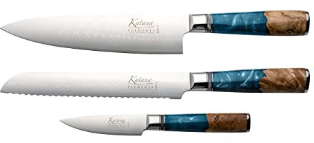 Katana Saya Elements 3 Piece Kitchen Knife Set, Ocean Blue - High Carbon VG-10 Damascus Steel for Extreme Toughness & Sharpness – Natural Olivewood & Resin Handle – Chef, Bread & Paring Knife