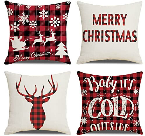 OCEUMACO Leinen Kissenbezug 50x50 Weihnachten Rot Kissenhülle 4er Set Sofakissen Dekokissen Bezug für Couch Weihnachtsdeko Merry Christmas Hirsch Kissen Kissenbezüge Outdoor Deko Zierkissen
