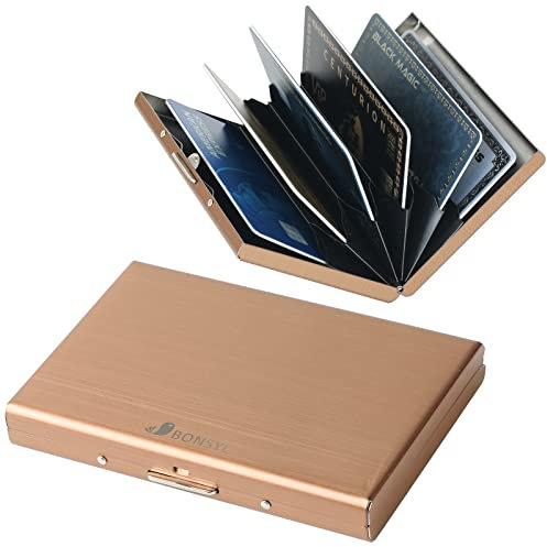 BONSYL® Porte Carte de Crédit en Métal avec Blocage RFID pour Hommes et Femmes, Fin Portefeuille Carte de Crédit en Acier Inoxydable pour 6 Cartes. (6 Cartes/Or Rose)