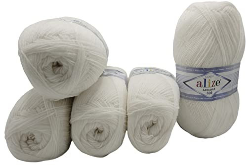 5 x 100g Strickwolle Alize Lanagold 800 mit 49% Wolle, 500 Gramm Strickgarn einfarbig (weiss 55)