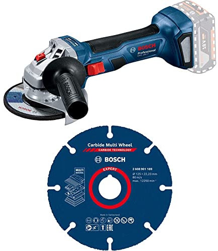 Bosch Professional Akku Winkelschleifer GWS 18V-7 (125 mm Ø, Schutzhaube, ohne Akkus & Ladegerät, im Karton) + 1x Expert Carbide Multi Wheel X-LOCK Trennscheiben (für Hartholz, Ø 125 mm, Zubehör)