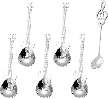 5 Pcs Guitar & Music Note Dessert Spoons, Interesting Decoration Gift, Stainless Steel (Silver)