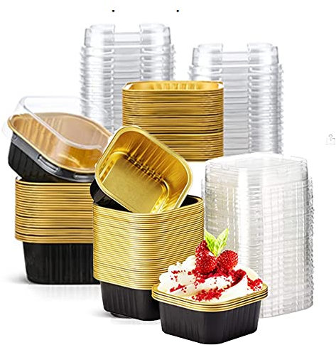 Lot de 25 mini moules de cuisson carrés en feuille d'aluminium de 283,5 g avec couvercles, moules à cupcakes en feuille d'aluminium, moules à muffins, moules à gâteau pour la restauration (noir)