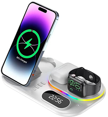 4 in1 Wireless Charging Station Clock & Light, TECHGEAR 30W Fast Wireless Charging Dock Stand for iPhone 16/15/14/13/12/11/XR/XS/Max,Air Pods 3/2/1/Pro,Apple Watch 10-2, Samsung S24/S23/S22 Ultra etc