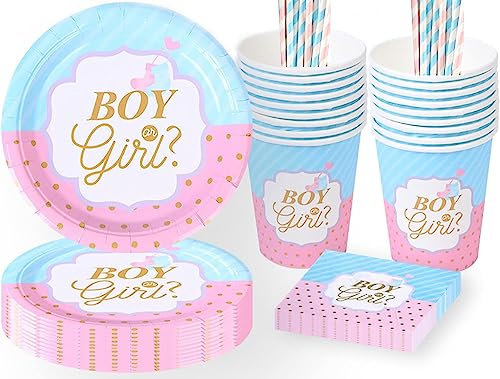 Newtic 64 Stück Gender Reveal Geschirr, Gender Reveal Party Deko, Baby Gender Reveal Pappteller Set,Gender Reveal Party Deko Geschirr Set für 16 Gäste