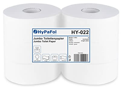 Hypafol Toilettenpapier, Jumbo Rolle, 2-lagig | extra große 6 Rollen (1084 Blatt pro Rolle) | Ø 25 cm (Kern 7,6 cm)| Zellstoff | Hochwertig geprägt| Stark, schnell auflöslich & stabil