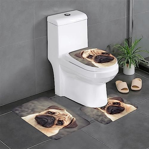 BONDIJ Badematte, saugfähiges 3-teiliges Badezimmerteppich-Set, rutschfest, niedlicher Mops-Hund, Konturmatte und WC-Deckel