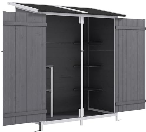 Outsunny Caseta de Jardín de Madera 139x75x160 cm Cobertizo para Almacenaje de Herramientas con Estantería Movible Puertas con Cerrojo Techo Asfáltico Gris
