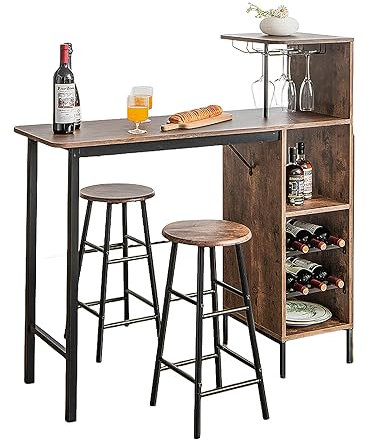 LIFEZEAL Bartisch Set, Tresentisch mit 2 Barhocker, Esstisch Stehtisch mit Weinglashalter & Ablage, Küchentheke Bistrotisch Industrie-Design, Stehtisch für Bar, Bistro & Wohnzimmer (Braun)