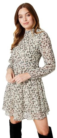 Izabel London Animal Print High Neck Mini Dress for Women UK with high Neck, Long Sleeves and Mini Length Hem. Cream