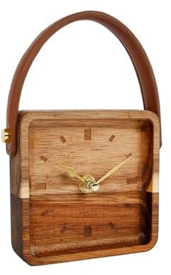 Spetebo Holz Standuhr mit Griff in Leder Optik - 11 cm - Retro Tischuhr analog - Tisch Deko Uhr eckig zum Hinstellen Batterie betrieben für Küche Büro Wohnzimmer