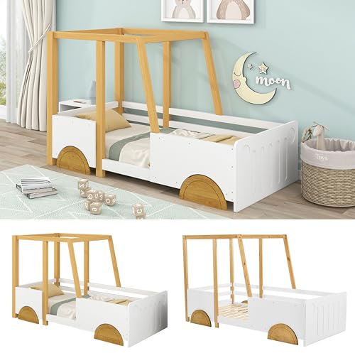 Autobett,Kinderbett,Jugendbett,mit MDF-Rädern,Rahmen aus Kiefer,weiß+natur,vielseitiges Holz Kinderbett für Jungen & Mädchen (90x200cm)