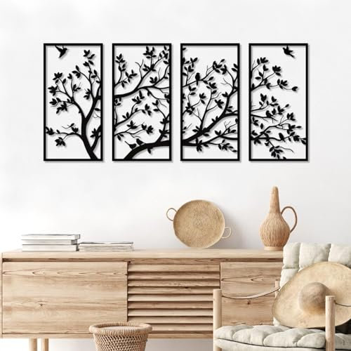 Arbre De Vie En Métal arbre de vie 4 panneaux Arbre de Vie Decoration Murale Pour Bureau Chambre à Coucher Salon Décoration extérieure Grand 9.8in x 19.7in/ 25 x 50 cm