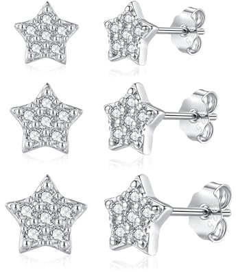 Josfeva Small Stud Earrings, 3 Pairs 925 Sterling Silver Star Studs Halo Earrings Set with Zirconia, Simple Tiny Sleeper Cartilage Earrings, White Gold Plated 4/5/6mm Gift for Her Girls Wife Women