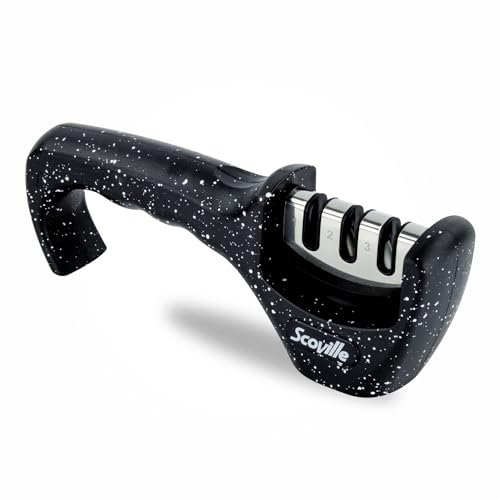 Scoville 3 Stage Manual Knife Sharpener, Sharpener for Kitchen Knives, Non-Slip Base, Helps Repair & Sharpen Blunt Knives, Ergonomic Design, Black Speckled Finish
