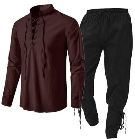 Uwdiohq Ensemble de Vêtements Médiéval pour Homme avec Chemise en Lin, Pantalon et Sweat à Capuche de Travail - 10 Pièces