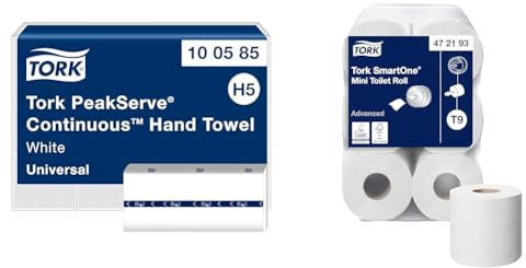 Tork PeakServe Essuie-Mains continus Blancs H5, Universal, comprimés, 12 x 410 Feuilles, 100585, Grand & SmartOne Mini Papier Toilette Rouleau Blanc T9, Advanced, 2 Plis, 12 x 620 Feuilles, 472193