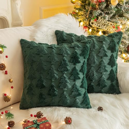 XNSHUN 2er Set Kissenbezug Weihnachten, Deko Kissenhüllen Weihnachtsdeko Plüschkissen Sofakissen Deko Bezug, Zierkissenbezug Für Kissen Sofa Schlafzimmer Wohnzimmer (50x50cm,Grün-Weihnachtsbaum)