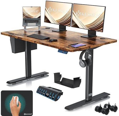 KESSER® Höhenverstellbarer Schreibtisch elektrisch 140cm x 70cm | Ergonomisch Steh-Sitz Schreibtisch | 3-Funktions-Memory Steuerung | Inkl. 360° Rollen & USB-Ladeanschluss Computertisch für Homeoffice