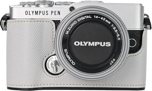 BMAOLLONGB E-P7 Schutzhülle, handgefertigt, PU-Leder, halbe Kameratasche, Abdeckung unten Öffnung, Version für Olympus PEN E-P7, mit Handschlaufe, Weiß