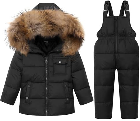 JiAmy Combinaison de neige 2 pièces pour fille – Veste matelassée à capuche et pantalon à bretelles – Tenue de ski ultra légère, Noir/blanc, 6-7 Years