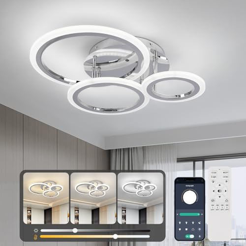 EIDISUNY LED Deckenleuchte Dimmbar, 35W 58cm Deckenlampe Silber Modern Wohnzimmerlampe mit Fernbedienung, 3000K-6500K, 3-Ringen kreis Schlafzimmerlampe Led Deckenbeleuchtung für Büro Küche esszimmer.