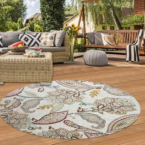 Teppich-Traum In-und Outdoor Teppich Balkon Garten wetterfest pflegeleicht florales Muster Outdoor Rund Creme bunt grau 200 cm Rund