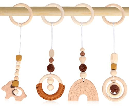GOMETY 4 Stück Spielbogen Baby Spielzeug ab 0 Monate Spielbögen Baby Gym Anhänger Holz Spielebogen Babies Toys für Mädchen Jungen Babyspielzeug für Babyschale Kinderwagen Autositz Spielzeug (Braun)