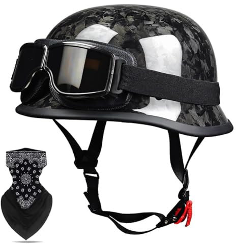 Labzaa Deutsche Kohlefaser Motorrad Halbschalenhelm DOT/ECE-Zulassung Retro JetHelm mit Sonnenbrille für Cruiser Chopper Biker Moped Schnellverschlussschnallen C M