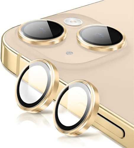 Rainway Camera Lens Protector for iPhone 14 / iPhone 14 Plus, Shatterproof Ultra HD Individual Lens Protectors, 9H Ultra-tough Tempered Glass with Aluminum Rim, Ultra-thin, Gold