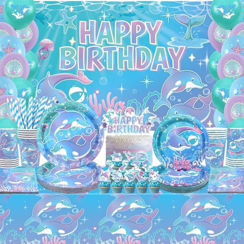 Forniture per feste con delfini, include sfondo per feste di buon compleanno, piatti, topper per cupcake, tovaglioli, tazze, tovaglie, per decorazioni a tema delfino oceano compleanno baby shower