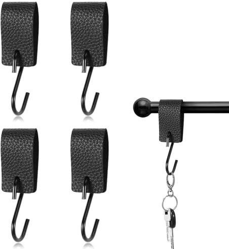 ROOMHUAWAY 4 Stück Schwarz S Haken mit Lederschlaufe, Haken zum Einhängen, Kleiderstange Garderobenhaken Kleiderhaken AufhäNgehaken, Leder Fleischerhaken
