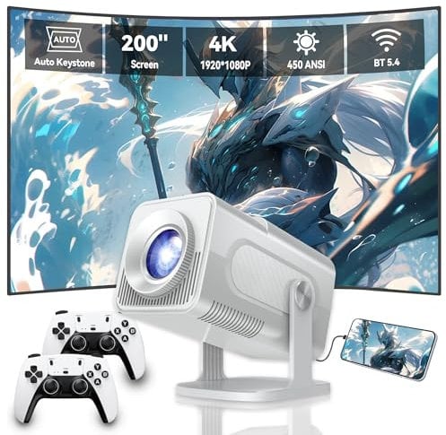Mini Projector 4K With 2 Wireless Controller, 1920 * 1080p Home Bedroom Cinema Built-in 30000 Games, 200” Protable Smart Video Projector Support IOS/Android/Windows, Auto Keystone, WiFi 6 and BT 5.4