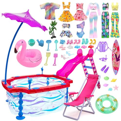 36 Pcs Doll Swimming Poll Play Set with 3 Outfits 3 Swimsuits 10 Shoes 5 Shells 7 Beach Playset 2 Glasses 2 Swim Ring Diving Set Chair Surfboard fur 11.5 Dolls Kid Gift (NO DOLL)