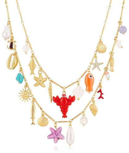 LILIE&WHITE Collier Femme Or Double Rang Charms Marins Multicolores – Hypoallergénique, Inaltérable, Design Bohème Fait Main, Idée Cadeau Été
