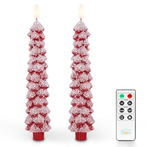 Fanna 2 Candele Rosse LED a forma di albero di Natale con Timer, Candele Coniche Natalizie a Batteria con Telecomando, Uso Interno - H 25 cm