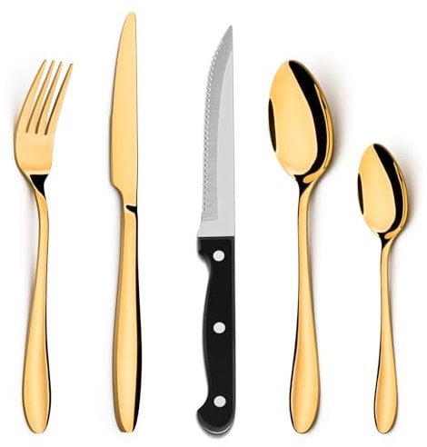 HaWare 30 Piece Gold Cutlery Set, 24 Pcs Stainless Steel Flatware with 6 Pcs Steak Knives, Elegant Forks Spoons Knives Silverware, Service for 6, Mirror Polished, Dishwasher Safe