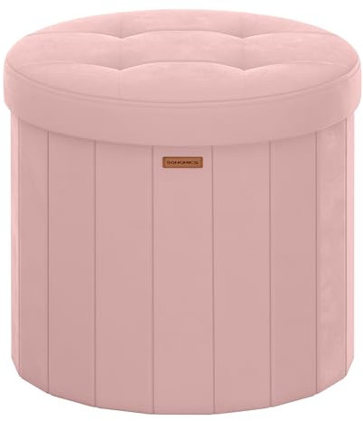 SONGMICS Mazie Kollektion – Sitzhocker rund, Fußhocker mit Stauraum, Faltbarer Hocker mit abnehmbarem Deckel, einfache Montage, Samt, Wohnheim, Schlafzimmer, Wohnzimmer, pastellrosa LSF608R01