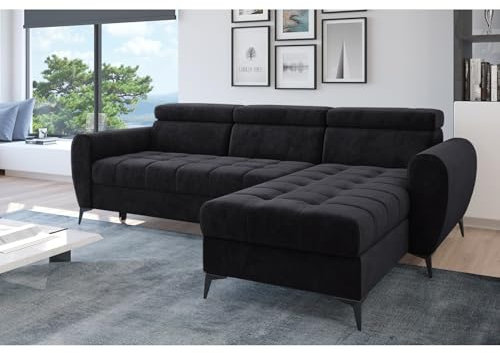 Ecksofa mit Schlaffunktion Bjorn - Modern Sofa 3 Sitzen mit klappbare Kopfstützen - Universale Schlafcouch L-Form - MODERNO - Dunkel Grau