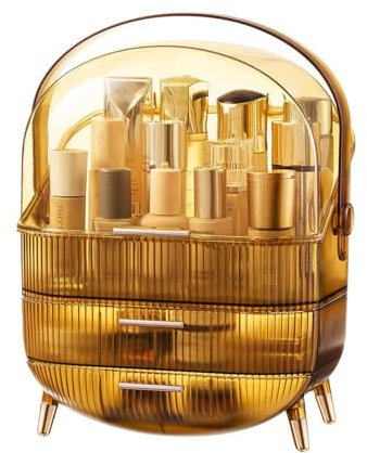 SIOOUI Makeup Organiser, Skincare Organiser Cosmetic Display Case with Dust Free Cover Portable Handle, Waterproof Bathroom Countertop Storage and Vanity Organizer (Amber)