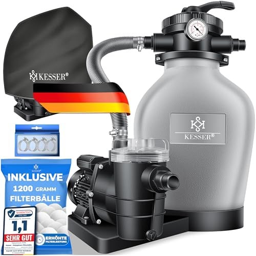 KESSER® Sandfilteranlage mit Pumpe & 1200g Filterbälle | Poolfilter 600W | Sandfilter für Pool 13200L/h Durchfluss | Tankvolumen bis 30kg Sand | 7-Wege Ventil mit Druckmanometer, Abdeckung & Zubehör