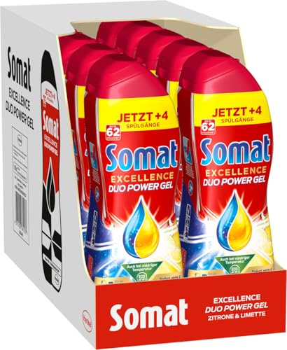 SOMAT Excellence Duo Power Gel Zitrone & Limette (10 x 62 Spülgänge) – Spülmittel für die Spülmaschine, kraftvoll gegen Fett, wirksam bei niedrigen Temperaturen & im Eco-Programm, strahlendes Geschirr