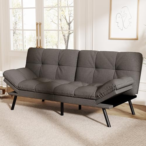 Vipbear Sofá cama convertible, sofá futón de lino gris con cojín desmontable, respaldo y reposabrazos ajustables, moderno sofá reclinable pequeño para sala de estar, oficina, apartamento